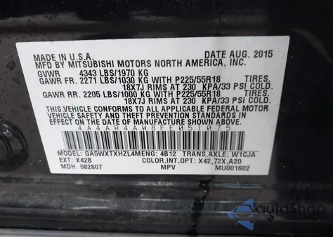 2015 Mitsubishi Outlander Sport Gt из США, поврежденный, VIN 4A4AR4AW8FE051075